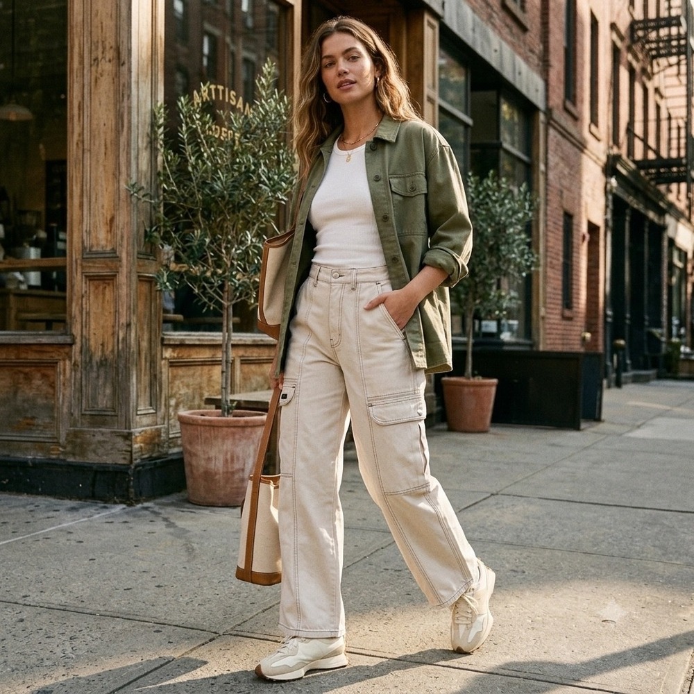 BDG Urban Outfitters Cream High Rise Wide Leg Cargo Pants Contrast Stitch 28